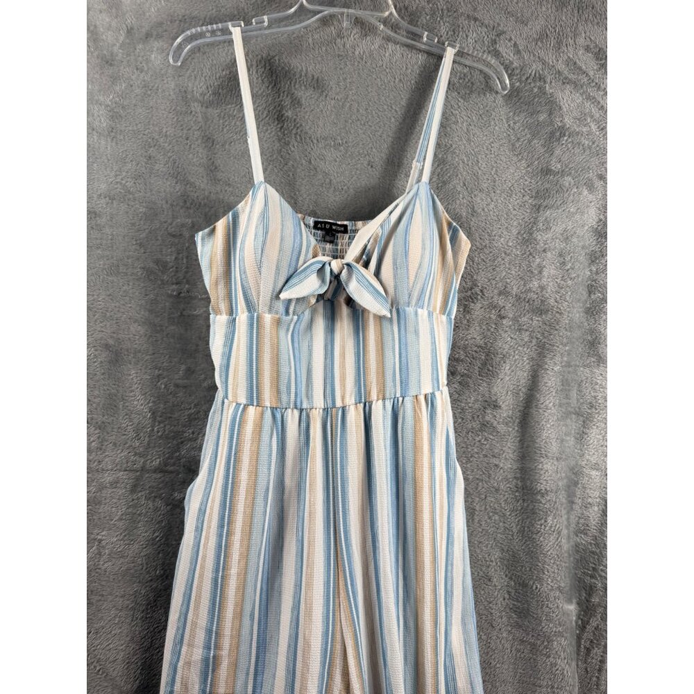 Womans Jumpsuit Striped With Bow Front By As U Wish Size L Blue & Beige - Picture 10 of 15